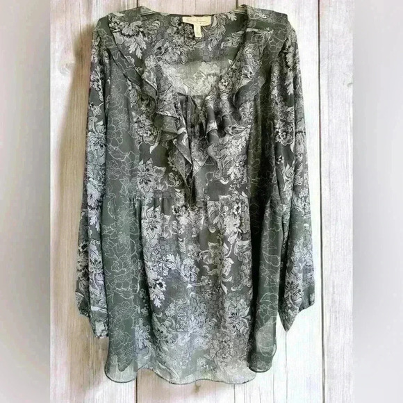 Jessica Simpson Babydoll Maternity Tunic Blouse Sheer Blue Gray Floral Ruffle XL - Picture 4 of 10